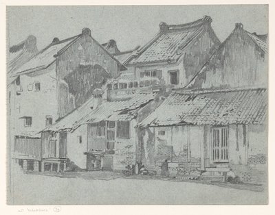Achtergevels van woningen aan een rivier in Batavia door Willem Arnoldus Witsen