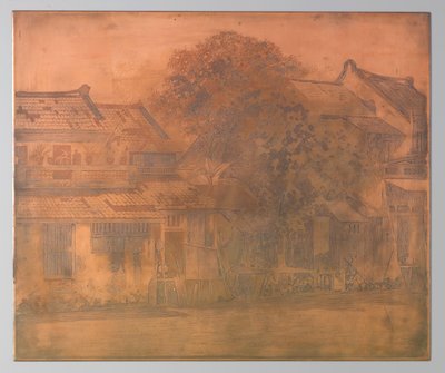 Batavia, huizen aan de kali met bomen ertussen door Willem Arnoldus Witsen