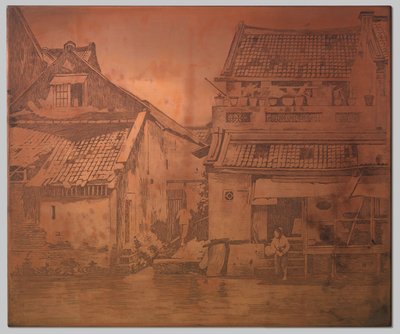 Batavia. Huizen aan de kali, wasvrouw aan de trap van een huis rechts door Willem Arnoldus Witsen