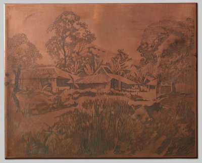 Buitenzorg, kamponghuizen, Salak en Cedeh rechts op de achtergrond door Willem Arnoldus Witsen