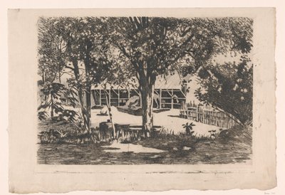 Paardenstallen achter bomen op Java door Willem Arnoldus Witsen