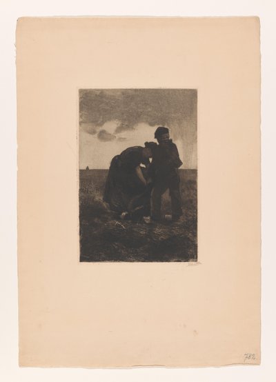 Vrouw en jongen op klompen met een jute zak op het veld door Willem Arnoldus Witsen