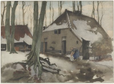 Vrouw voor een huis in een besneeuwd bos door Willem Arnoldus Witsen