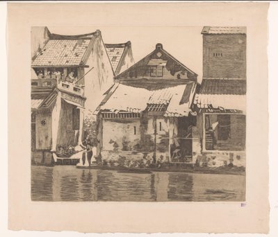 Woningen langs een rivier in Batavia met een vrouw die kleding wast door Willem Arnoldus Witsen