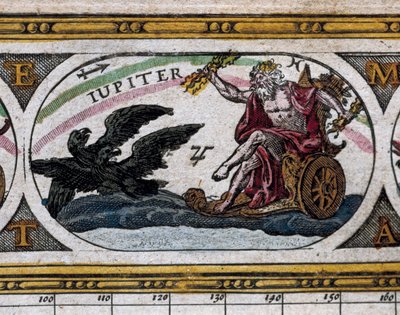 Afbeelding van de god Jupiter die zwarte adelaars bevecht in zijn wagen (gravure) in "Le Theatre du Monde" door Willem and Joan  Blaeu