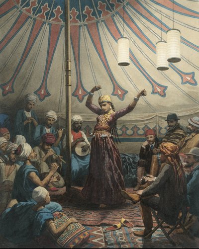 Egyptische danseres in een tent, met muzikanten en toeschouwers door Willem de Famars Testas