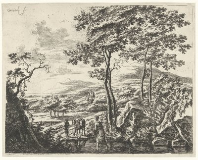 Landschap met een muilezeldrijver Landschappen met figuren (serietitel) door Willem de Heusch