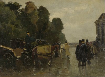 Rijtuigen met wachtende koetsiers door Willem de Zwart