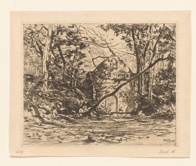 Ruïne in een bos door Willem de Zwart