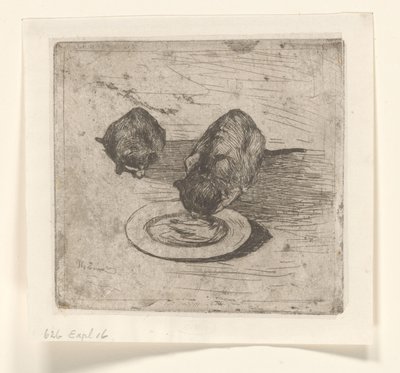 Twee katten, één drinkend uit een bord door Willem de Zwart