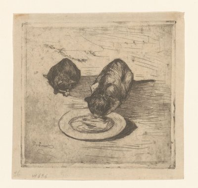 Twee katten, één drinkend uit een bord door Willem de Zwart