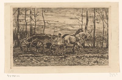 Wagen met hakhout getrokken door twee paarden door Willem de Zwart