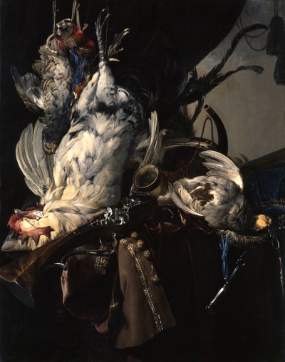 Duits: Stilleben mit gelegten Vögeln und Jagdgeräten Stilleven met wild en jachtuitrusting door Willem van Aelst
