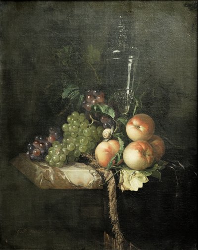 Druiven, perziken en grote glazen door Willem van Aelst