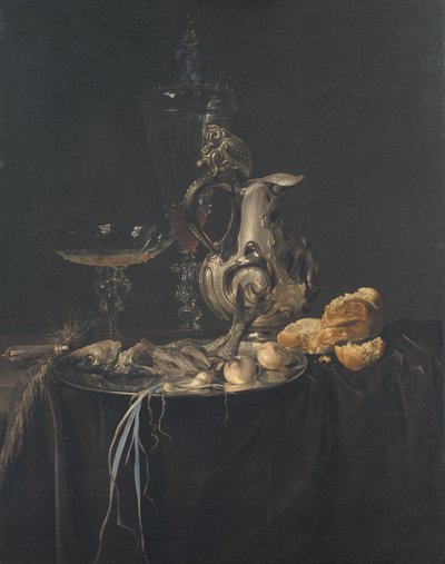 Stilleven. Ontbijtstuk met een Zilveren Kan door Willem van Aelst