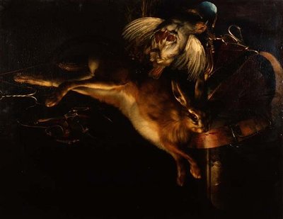 Stilleven van een Haas, een Patrijs en Jachtuitrusting boven een Marmeren Ledge door Willem van Aelst