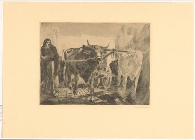 Twee ossen voor een wagen door Willem van Konijnenburg (signed by artist)