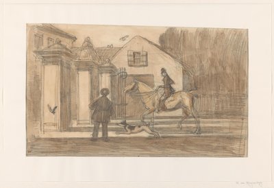 Het hek op de Scheveningse Weg te Den Haag; een ruiter met hond passeren door Willem van Konijnenburg