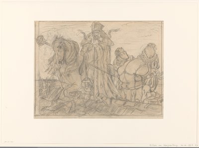 Sinterklaas met twee pieten op een dak door Willem van Konijnenburg