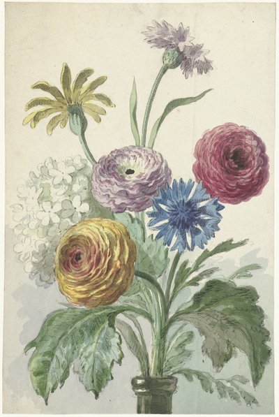 Boeket bloemen in de hals van een groene vaas door Willem van Leen