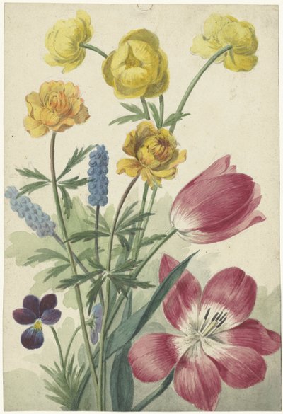 Boeket van tulpen, viooltjes, blauwe druifjes en dotters door Willem van Leen