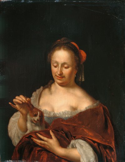 Een dame zittend met een kleine hond door Willem Van Mieris
