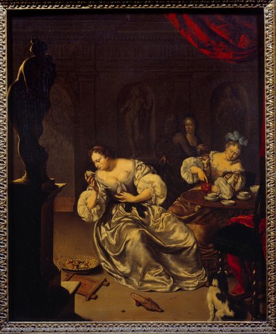 De vrouwen van de Nederlandse adel die thee drinken door Willem Van Mieris