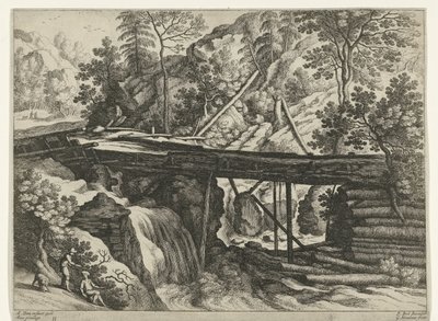 Berglandschap met houten aquaduct door Willem van Nieulandt (II)