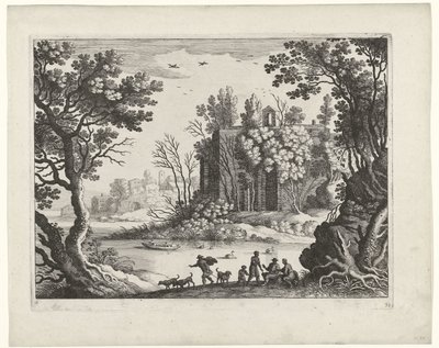 Gebouw aan een rivier, Italiaanse landschappen door Willem van Nieulandt (II)