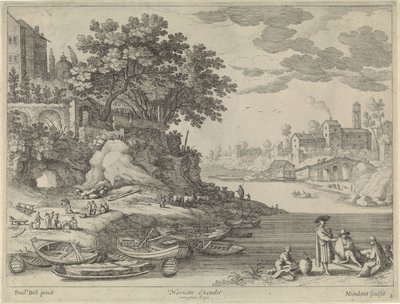 Haven met roeiboten, figuren en vee door Willem van Nieulandt (II)