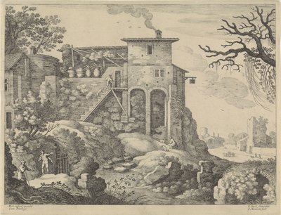 Italiaans landschap met een herberg door Willem van Nieulandt (II)