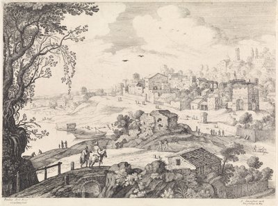 Italiaans landschap met een stad Italiaanse landschappen (serie) door Willem van Nieulandt (II)