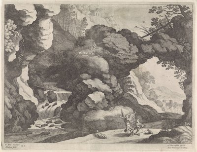 Landschap met Hagar en Ismaël door Willem van Nieulandt (II)