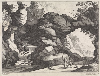 Landschap met Hagar en Ismaël door Willem van Nieulandt (II)