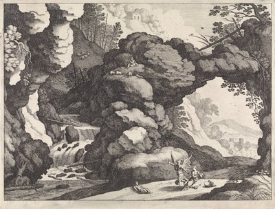Landschap met Hagar en Ismaël (Italiaanse landschappen) door Willem van Nieulandt (II)