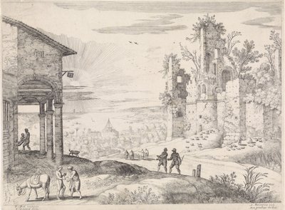 Landschap met de barmhartige Samaritaan bij de herberg door Willem van Nieulandt (II)