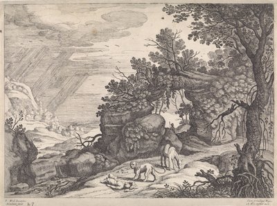Landschap met een dode godsman, leeuw en ezel door Willem van Nieulandt (II)