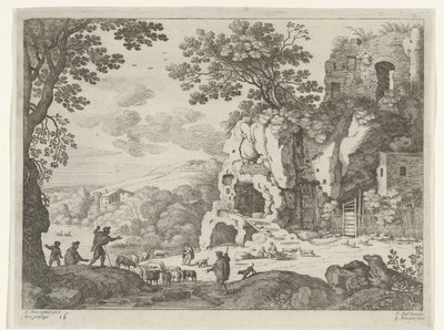 Landschap met een ruïne (Italiaanse landschappen) door Willem van Nieulandt (II)