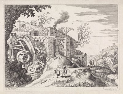 Landschap met een watermolen en de barmhartige Samaritaan door Willem van Nieulandt (II)