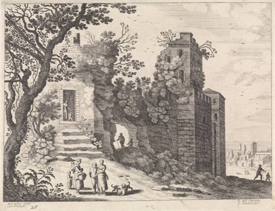 Ruïne met een groep vrouwen en kinderen door Willem van Nieulandt (II)