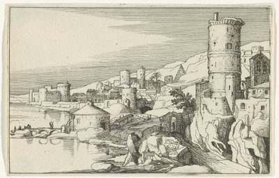 Stad met torens aan het water door Willem van Nieulandt (II)
