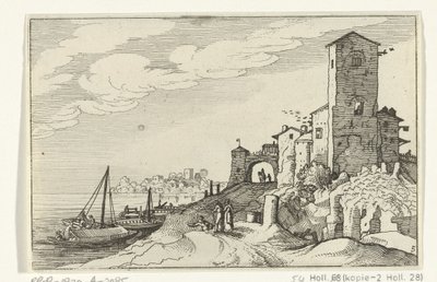 Toren en poort aan de kust (Romeinse ruïnes en kustlandschappen) door Willem van Nieulandt (II)