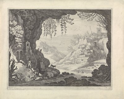 Uitzicht op landschap vanuit grot door Willem van Nieulandt (II)