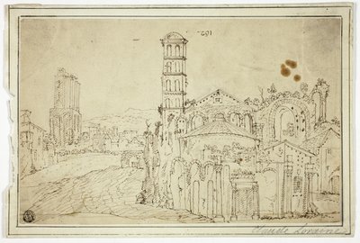 Uitzicht in Rome: Torre della Melisa, ruïnes van vroegchristelijke kerk door Willem van Nieuwlandt II