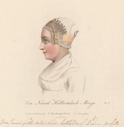 Hoofddracht van een meisje uit Noord-Holland, 1816 door Willem van Senus