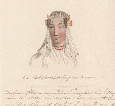 Hoofddracht van een meisje uit Purmerend, 1816 door Willem van Senus