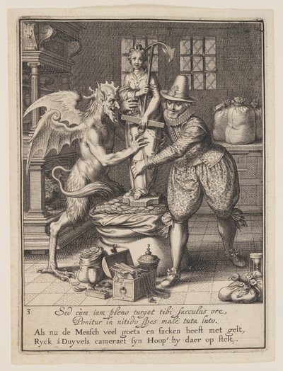Een man en de duivel vullen een zak met geld en zetten een standbeeld van hoop op, uit Allegorie op het misbruik van wereldse bezittingen door Willem van Swanenburgh