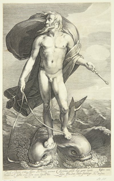 Neptunus rijdend op twee dolfijnen door Willem van Swanenburgh
