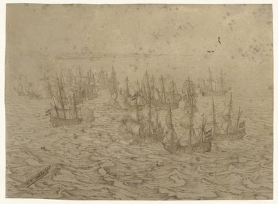 Zeeslag voor een kust door Willem van de Velde (I) (possibly)