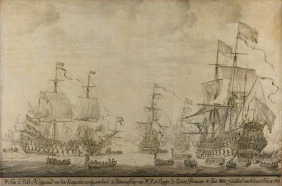 Oorlogsraad aan boord van De Zeven Provinciën, het vlaggenschip van Michiel Adriaensz de Ruyter, 10 juni 1666, voorafgaand aan de Vierdaagse Zeeslag: episode uit de Tweede Engels-Nederlandse Oorlog door Willem van de Velde (I)